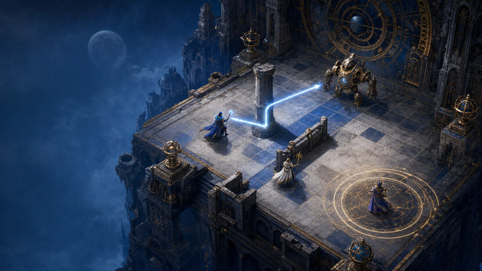 Three mages use cover, line of sight and a delayed spell on an isometric observatory grid.